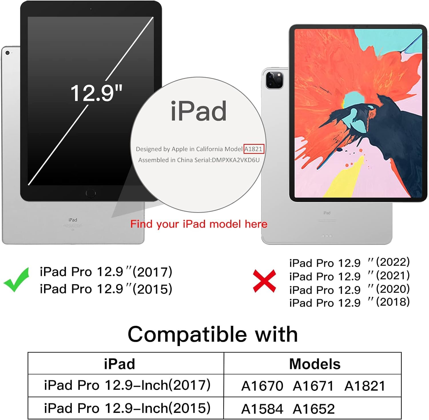 Case Compatible with Apple iPad Pro 12.9" (1st & 2nd Generation, 2015 & 2017 Model) Shockproof PU Leather Book Style Flip Folio 360° Rotating Protection Cover With Auto Wake/Sleep