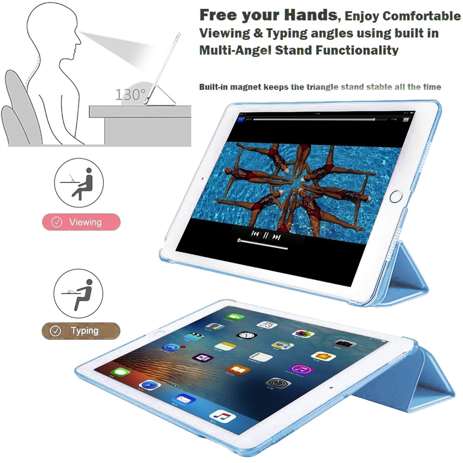 SU Case for iPad Pro 12.9 Case 2nd Generation 2017/1st Generation 2015(Model: A1584 A1652 A1670 A1671 A1821), Ultra Slim Lightweight Stand Smart Case with Translucent Frosted Back Cover