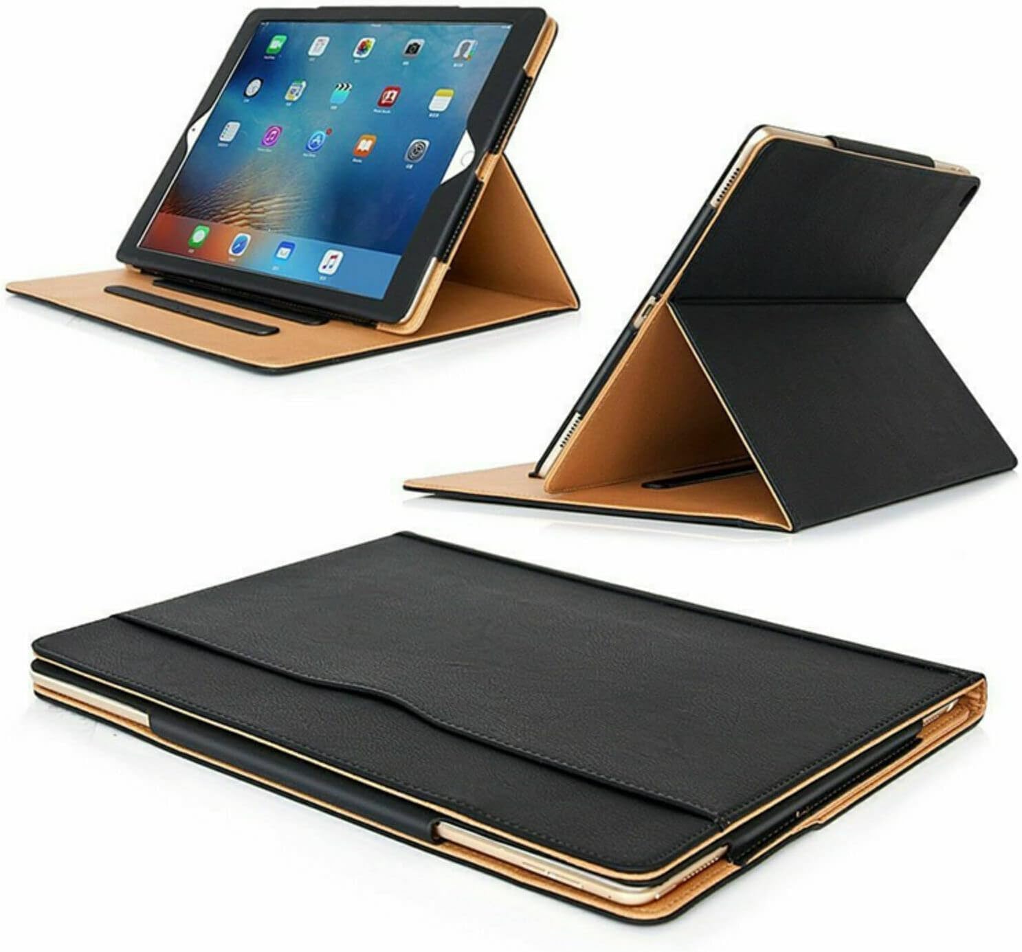 Black/Tan Leather Case for Apple iPad Air 1 (2013), iPad Air 2 (2014), iPad Pro 9.7 (2016) iPad 5th Generation 9.7” (2017) & iPad 6th Gen 9.7-inch (2018) Auto Wake/Sleep, Flip Folio luxury Cover