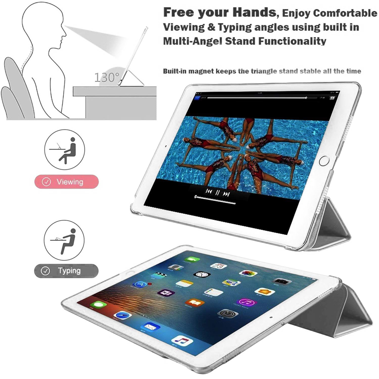 SU Case for iPad Pro 12.9 Case 2nd Generation 2017/1st Generation 2015(Model: A1584 A1652 A1670 A1671 A1821), Ultra Slim Lightweight Stand Smart Case with Translucent Frosted Back Cover