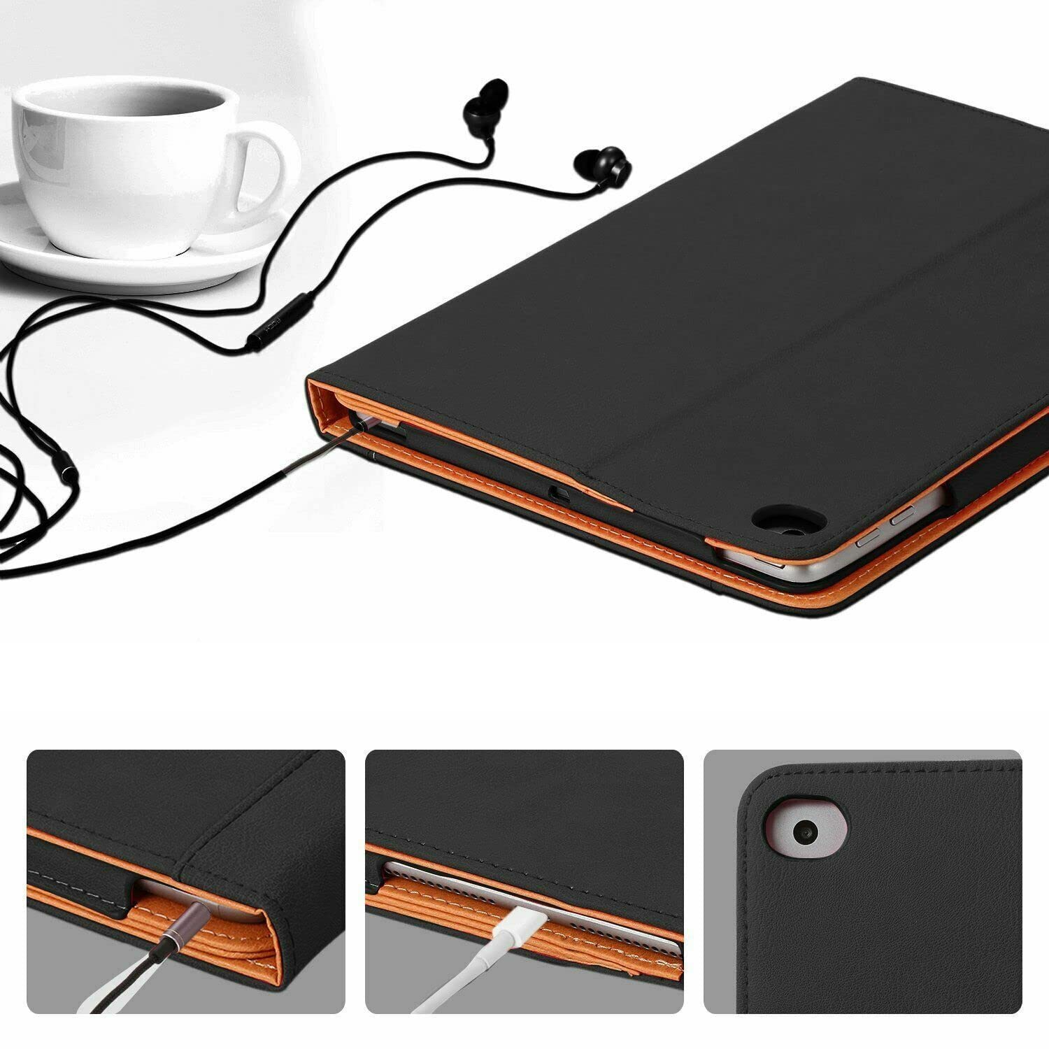 Black/Tan Leather Case for Apple iPad Air 1 (2013), iPad Air 2 (2014), iPad Pro 9.7 (2016) iPad 5th Generation 9.7” (2017) & iPad 6th Gen 9.7-inch (2018) Auto Wake/Sleep, Flip Folio luxury Cover