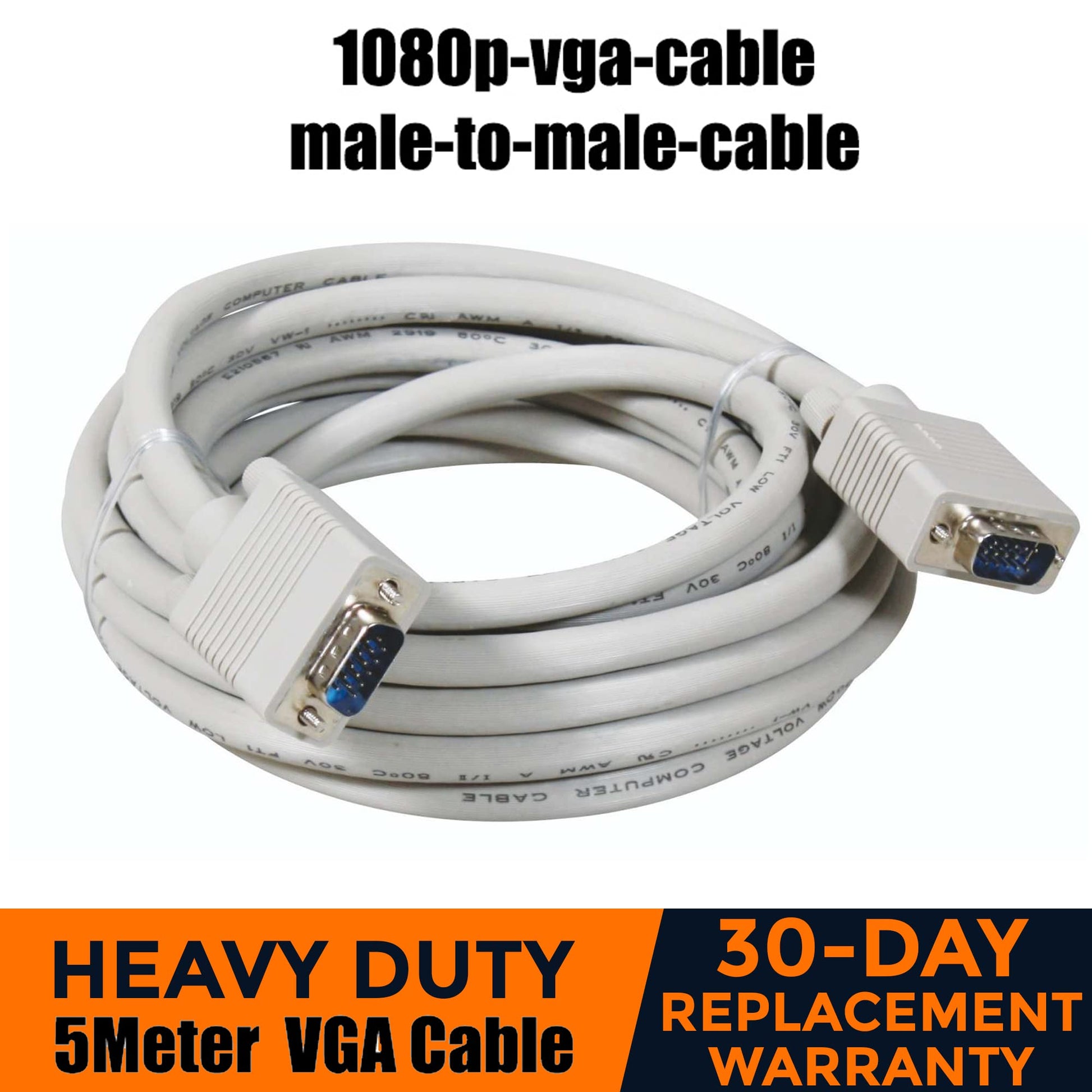 DV - 5 m – VGA Male to Male Cable for maximum quality, high-purity copper lines (Full HD, VGA to VGA, connects computer to screen, plasma TV & projector, 15-pin, monitor cable, White)